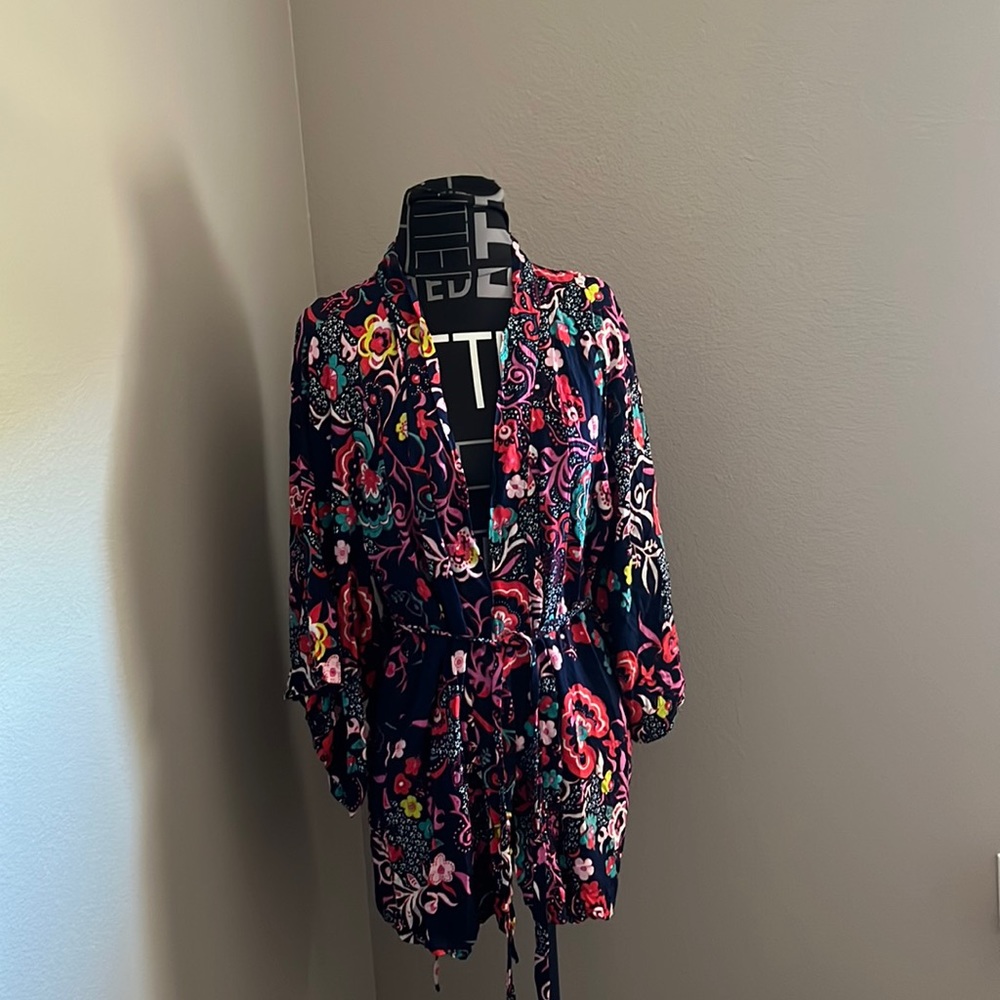 Floral Velvet Robe - Navy Pink Multicolor